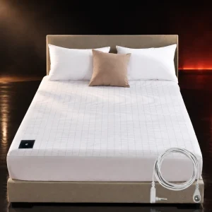 Drap-housse EarthSheet Housse Bio blanc sur un lit double, avec son cordon de mise à la terre